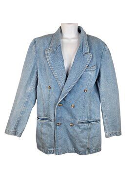 Vintage 80s Denim Double-Breasted Blazer Notch Lapels Womens S Blue Jean